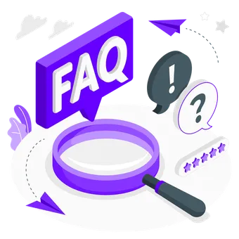 A magnifying glass under a large FAQ speech bubble, with a question mark and an exclamation mark beside it