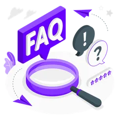 A magnifying glass under a large FAQ speech bubble, with a question mark and an exclamation mark beside it