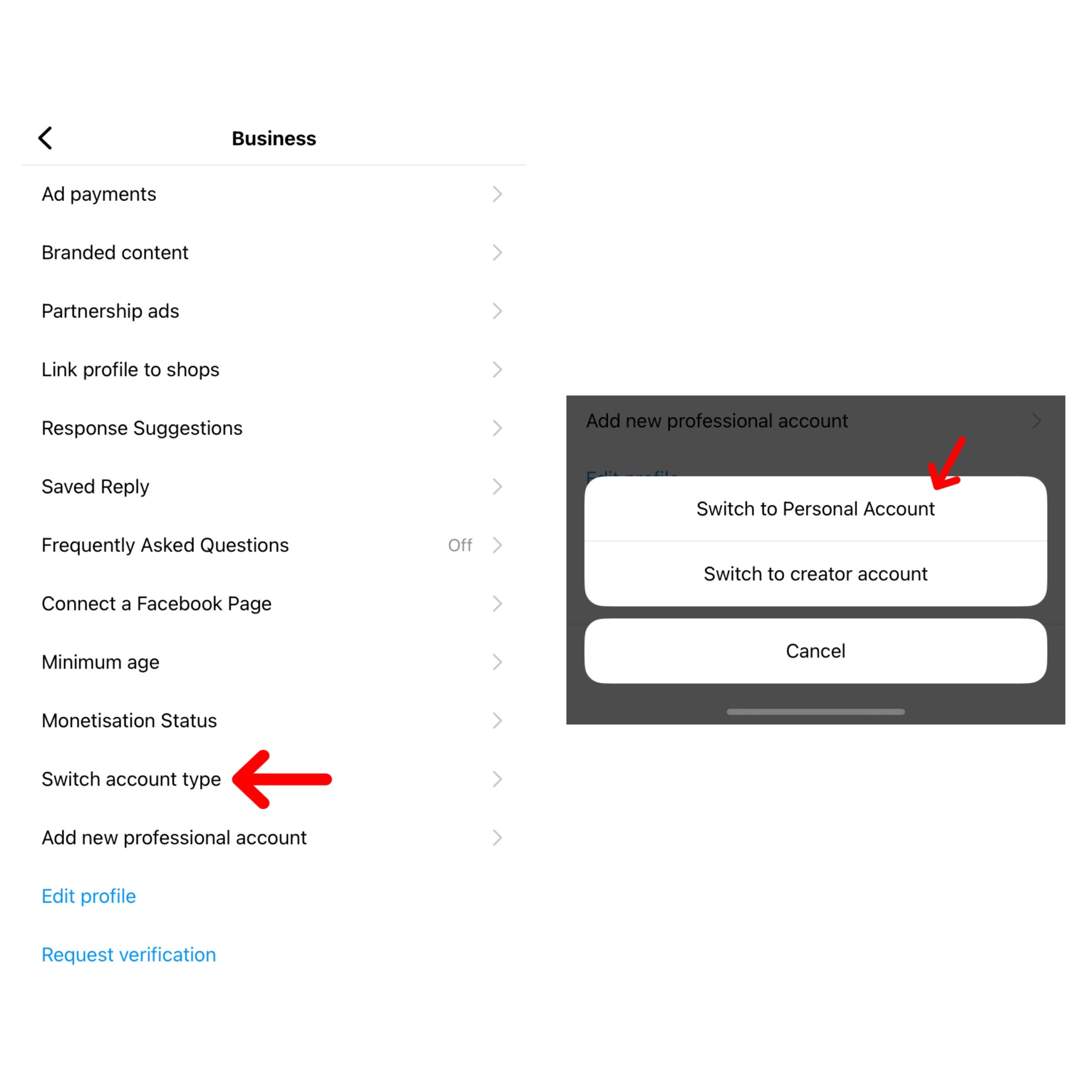 Turn off business account on Instagram